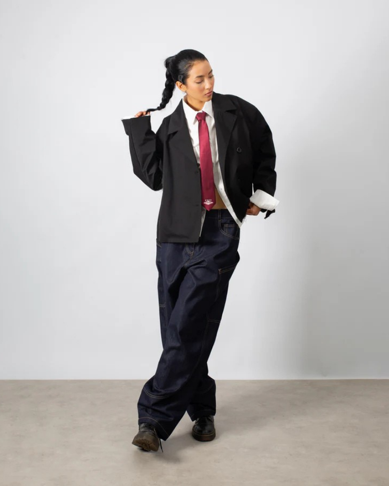 Black Cropped Trench Coat with Raw Hem and Double-Button Closure