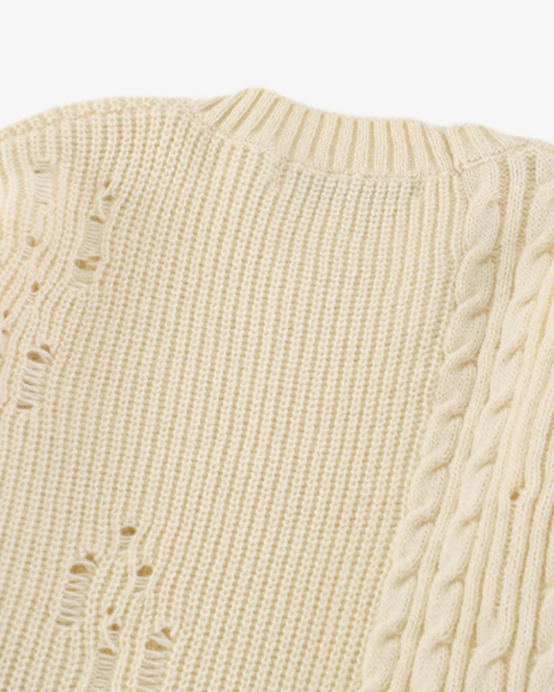 Distressed Cable Knit Polo Sweater with Open Stitch Detail