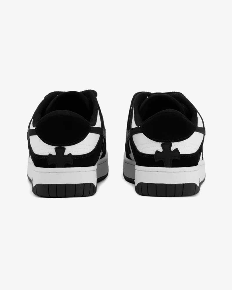 Black and White Low-Top Sneakers with Cross Applique Details