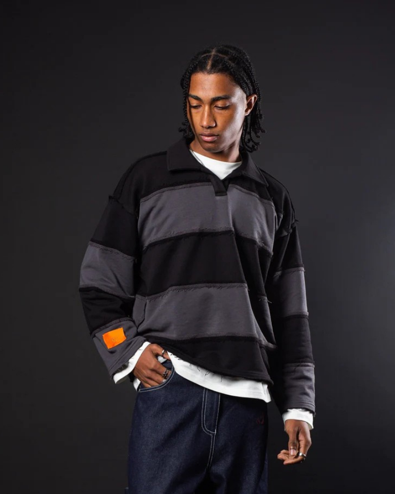 Black and Gray Striped Distressed Short-Sleeve Polo Shirt