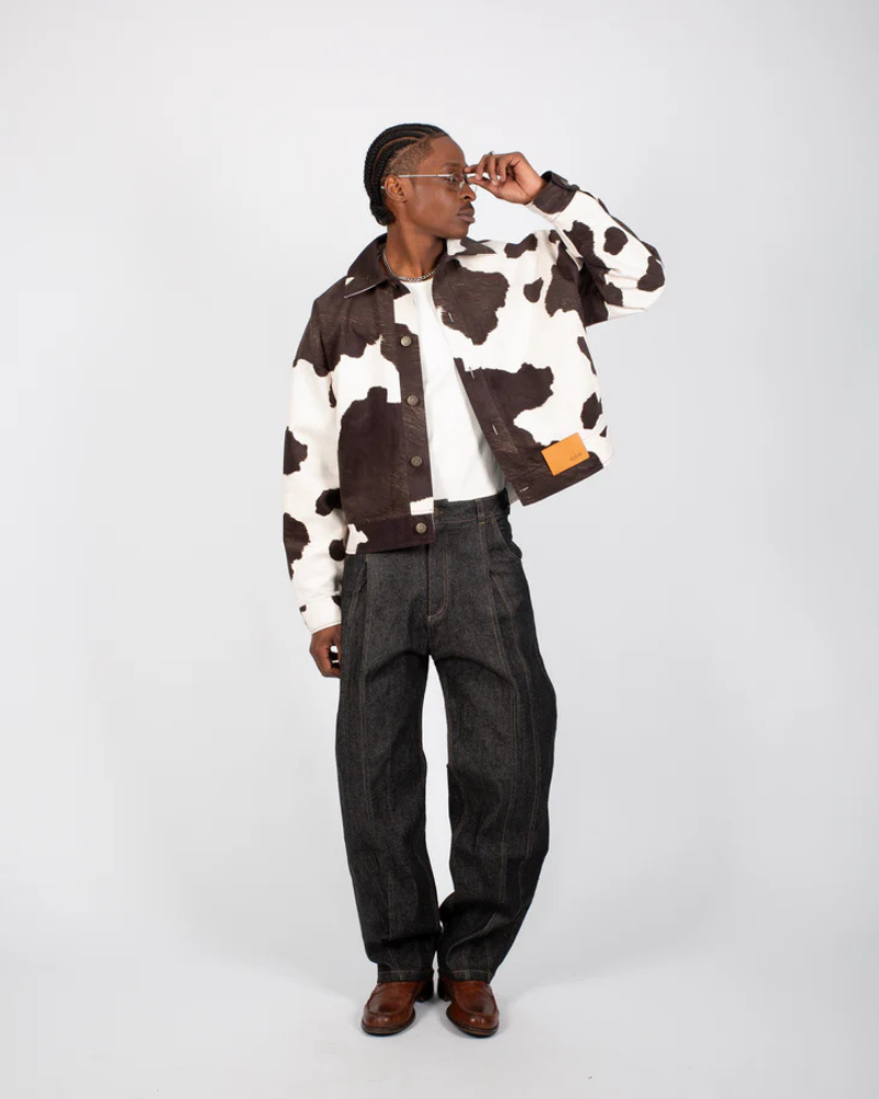 Cow Print Trucker Jacket with Textured Finish and Metal Hardware