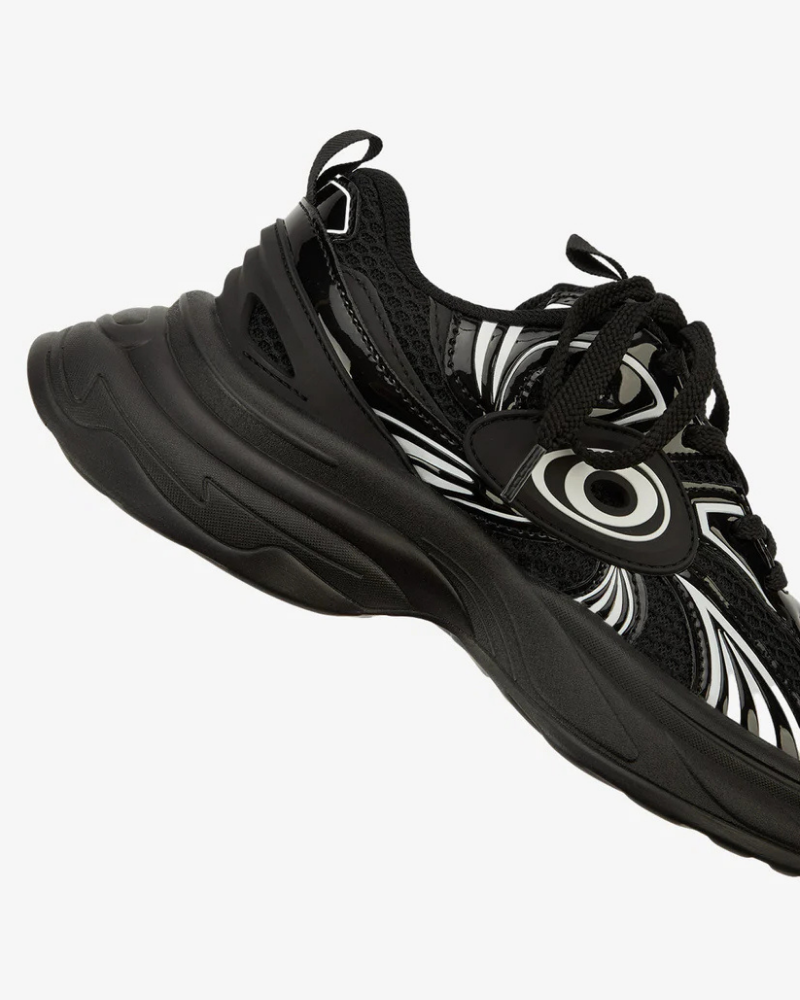 Black Chunky Sneakers with Mesh Upper and Glossy Overlay Accents