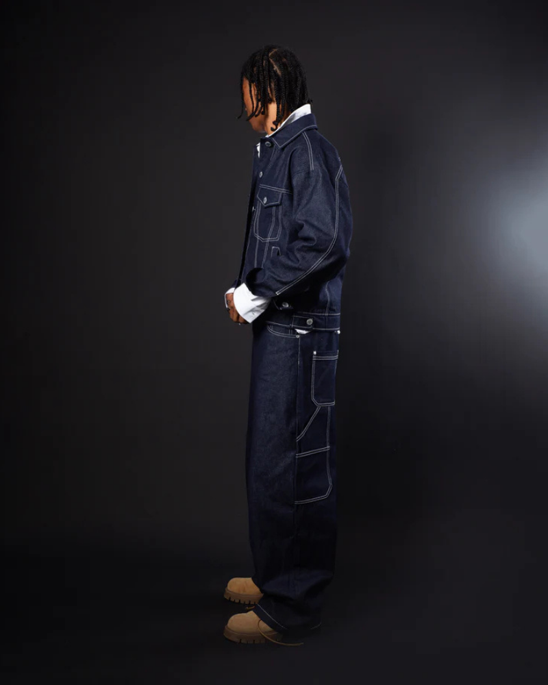 Wide-Leg Raw Denim Carpenter Pants - Dark Blue with Contrast Stitching