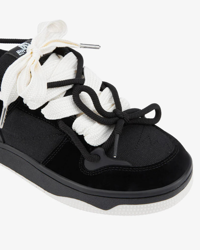 Low-Top Athletic Sneakers in Cream and Black with Reflective-Style Overlays