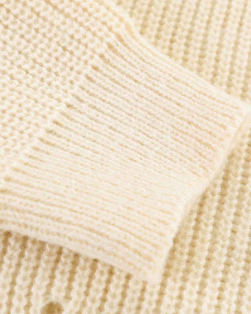Distressed Cable Knit Polo Sweater with Open Stitch Detail