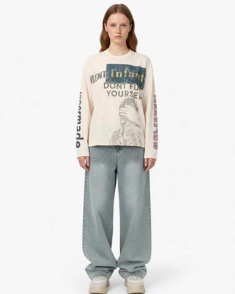 Beige Waffle Knit Crewneck Sweatshirt with Vintage Emblem Graphic