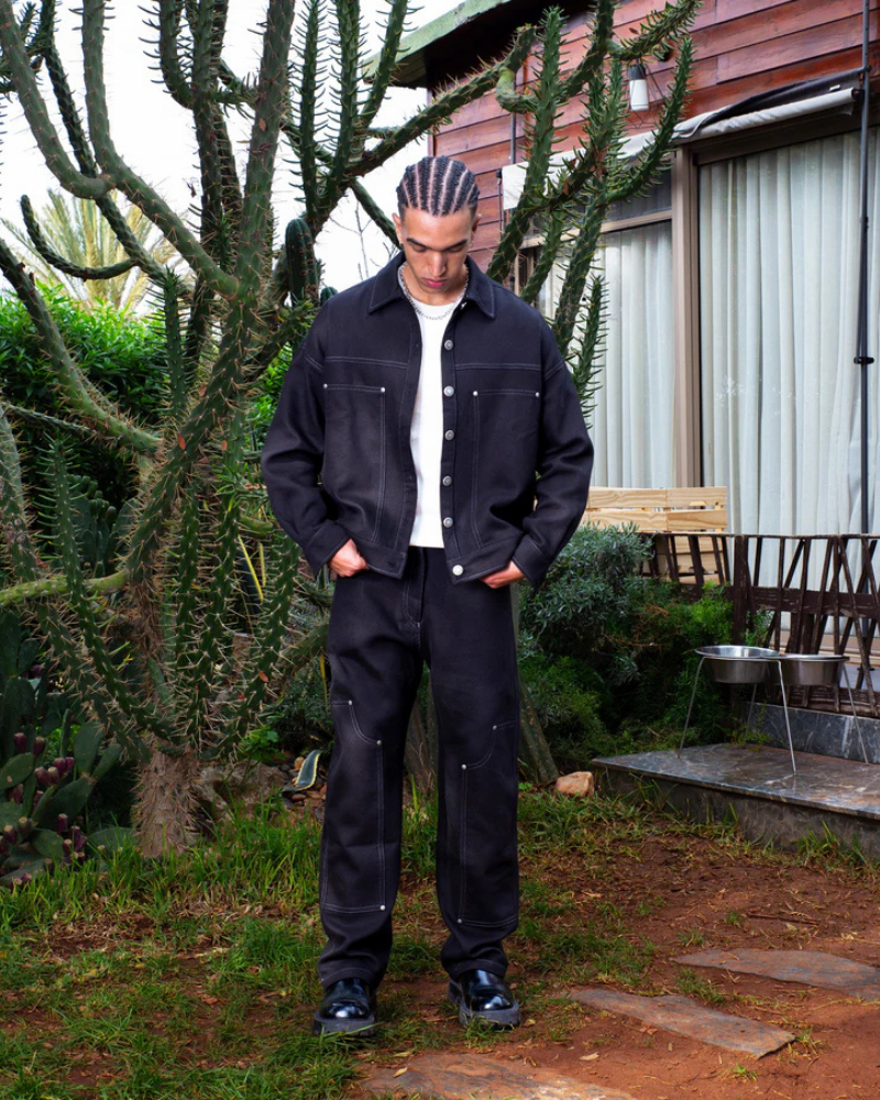 Black Straight-Leg Carpenter Pants with Contrast Stitching and Rivet Details