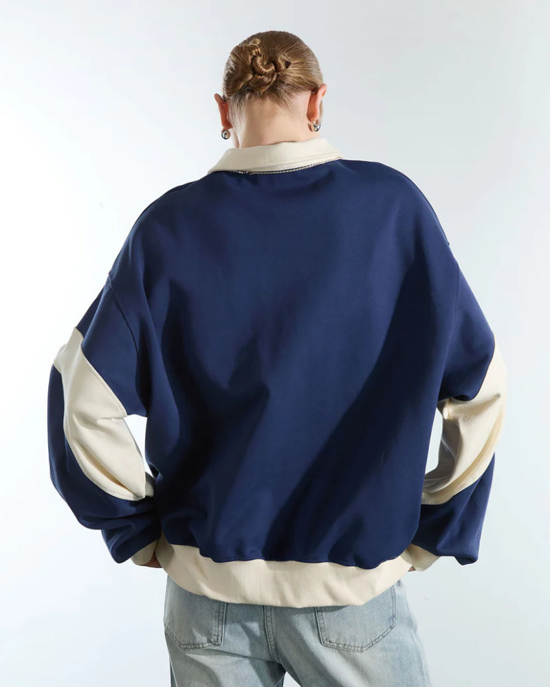 Navy Blue Quarter-Zip Sweatshirt with Collared Neckline and Car Graphic