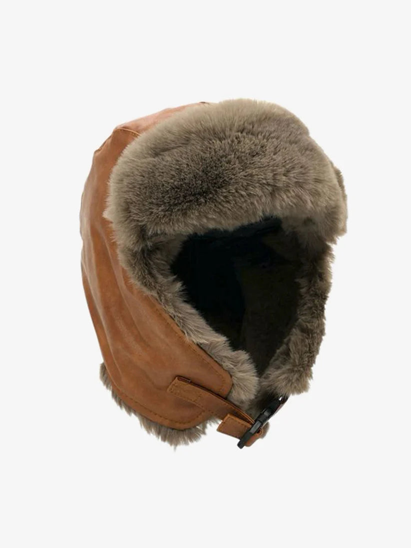 Brown Distressed Leather Trapper Hat with Plush Faux Fur Lining