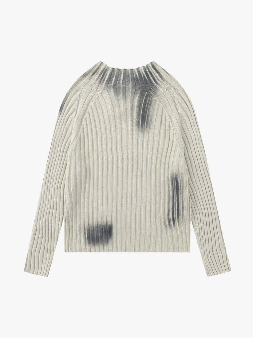 Long Sleeve Ribbed Knit Crew Neck Sweater with Grey Spray Print Detail