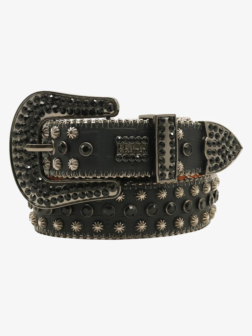 Black Croc-Embossed Belt with Black Rhinestones and Western Buckle