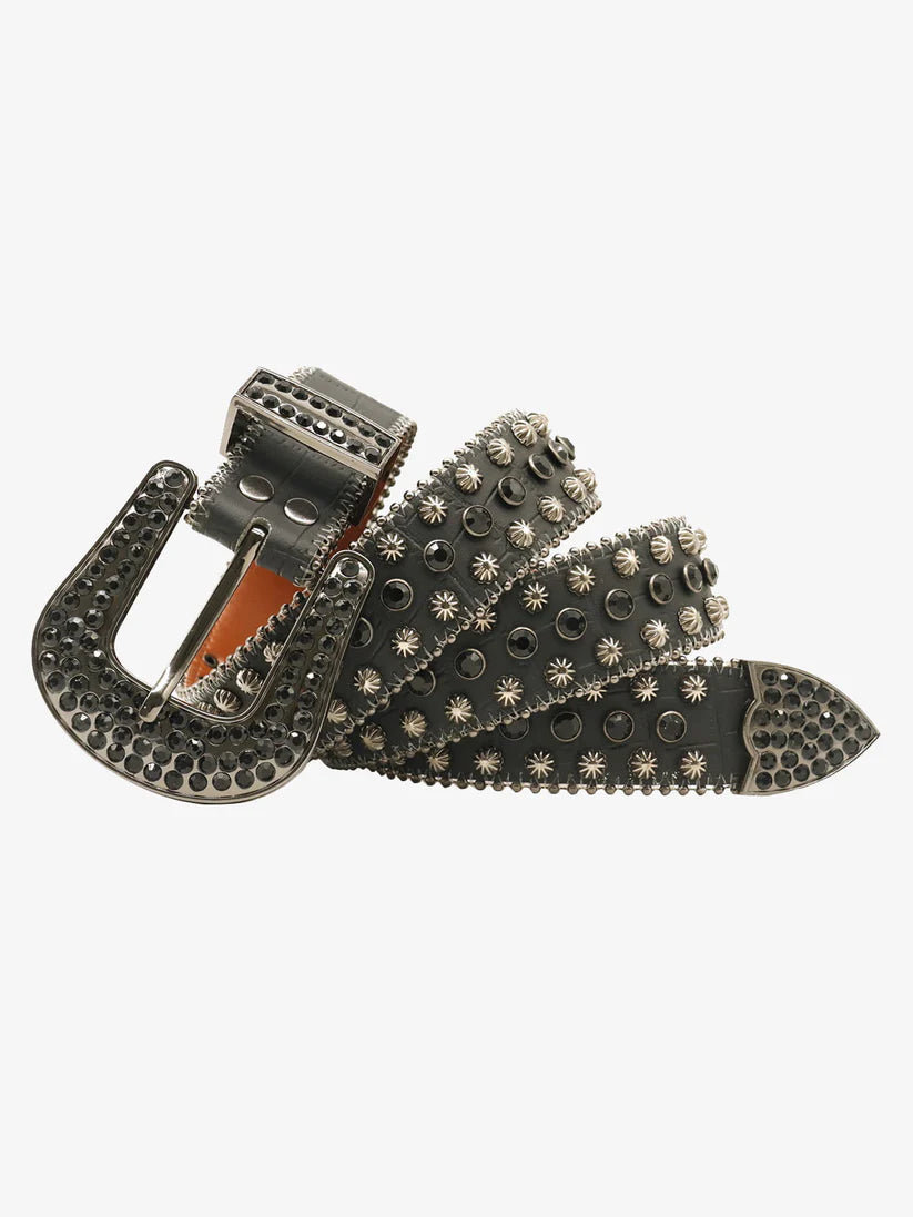 Black Croc-Embossed Belt with Black Rhinestones and Western Buckle
