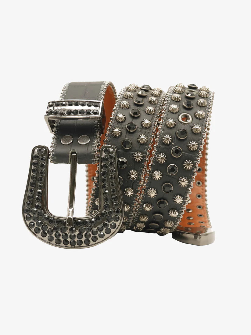 Black Croc-Embossed Belt with Black Rhinestones and Western Buckle