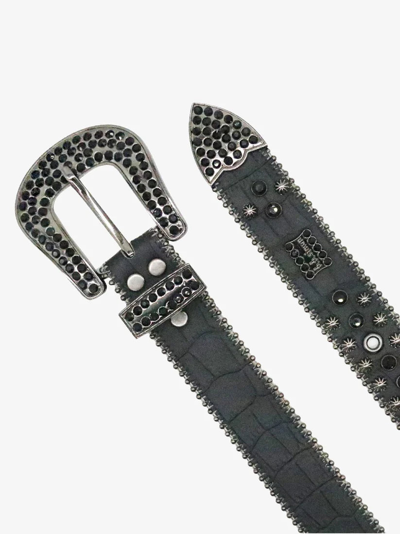 Black Croc-Embossed Belt with Black Rhinestones and Western Buckle